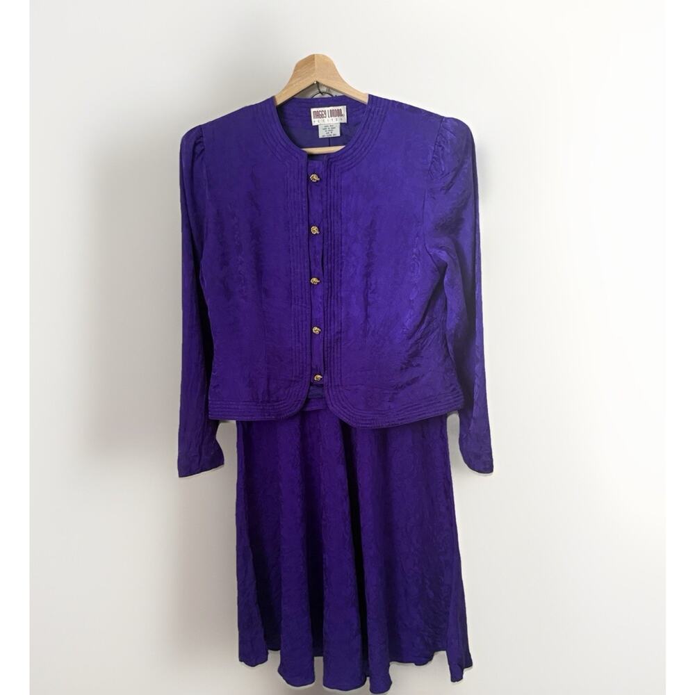 Vintage 100% Silk Ladies Maggy London Purple Silk Skirt Blouse Set Floral